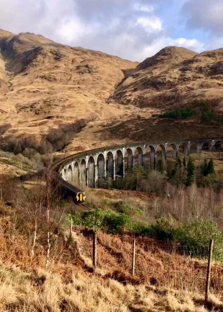 Train going over Glenfinnan Viaduct
