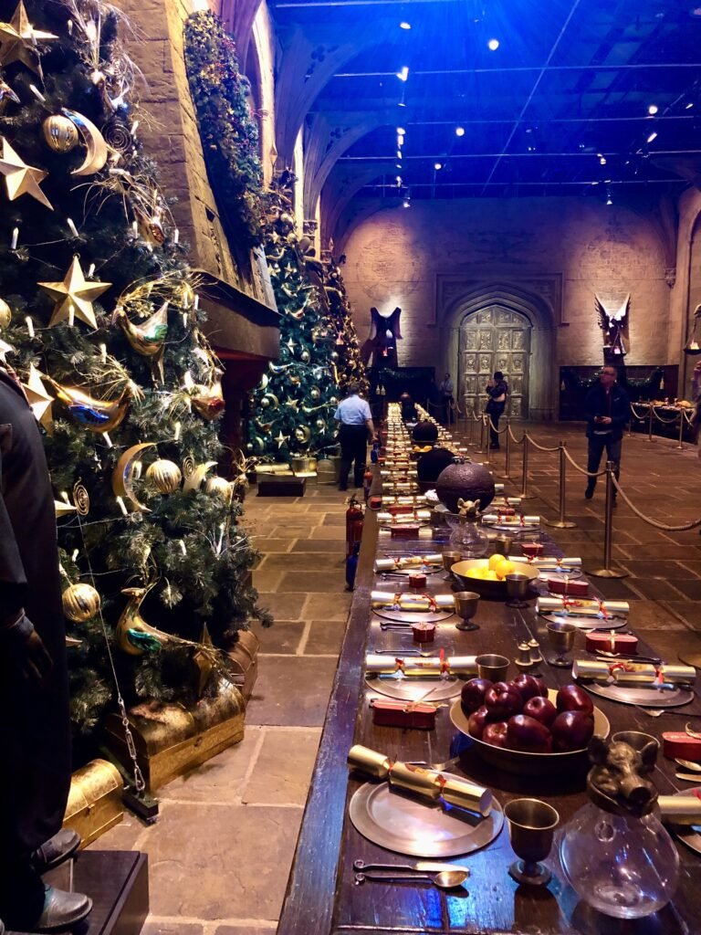 The Great Hall set at the Harry Potter Studio Tour London decorated for Hogwarts in the Snow